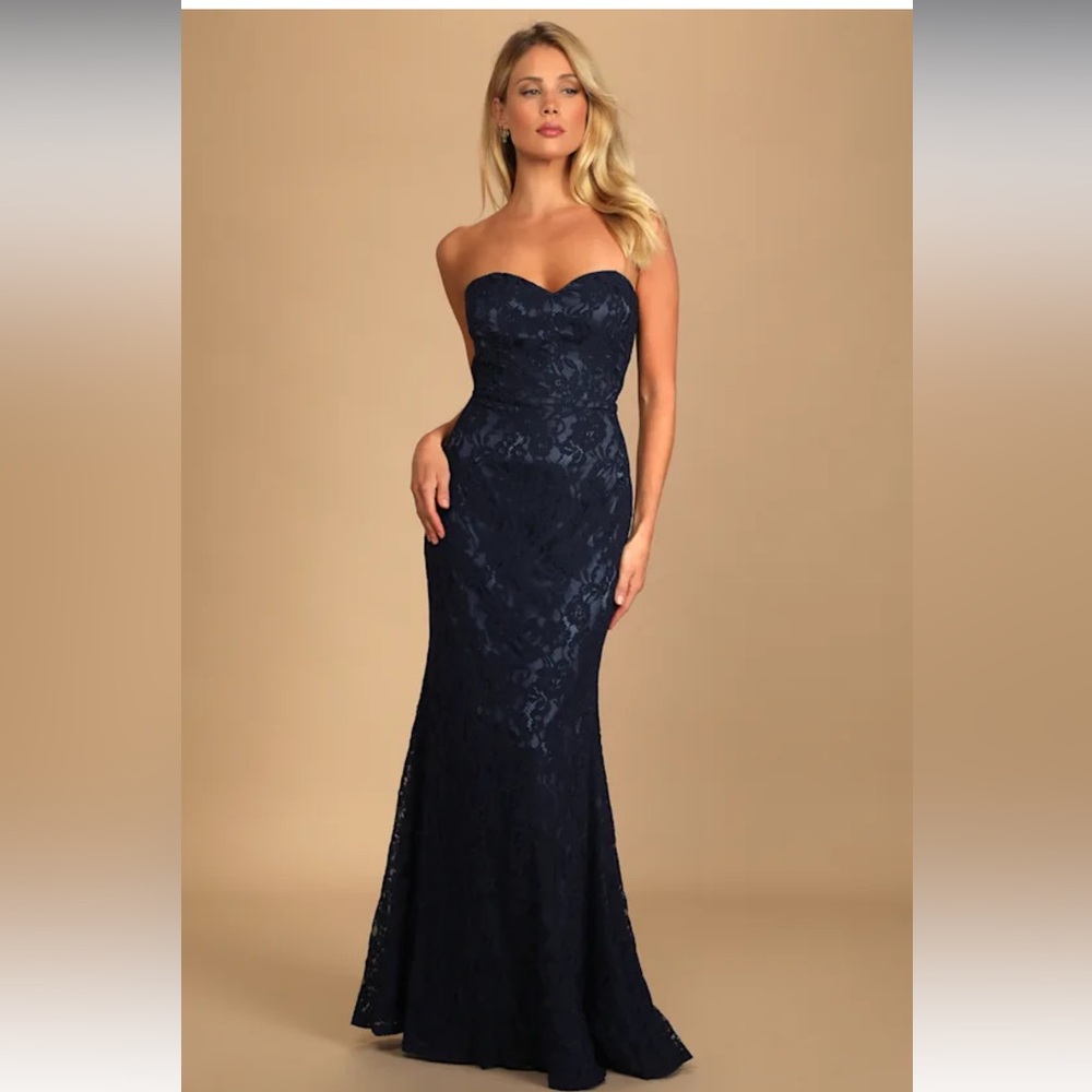 Lulu’s Wow the Crowd Navy Lace Strapless Mermaid Maxi Evening Gown